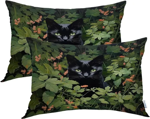 Vista 70 de Batmerry Fundas de almohada decorativas con estampado digital de hojas verdes y gatos negros con estampado digital para sofá, cama, cremallera