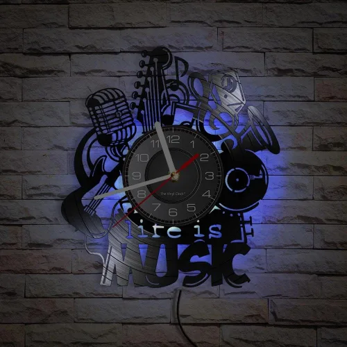 Vista 3 de Life Is Music - Reloj de pared LED de vinilo de 12 pulgadas con 7 colores que cambian silencioso, sin tictac, diseño moderno, música antigua, luz