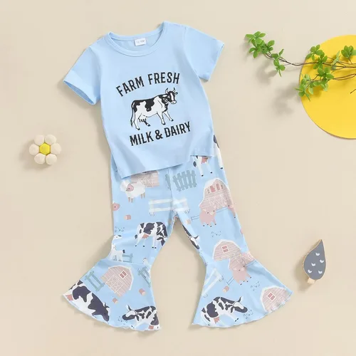 Vista 16 de fhutpw Conjunto de camiseta de manga corta con estampado de vaca y pantalones acampanados de dibujos animados para niñas