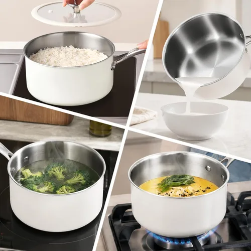 Vista 8 de SAKAMOSH Sartén de acero inoxidable de 2.5 cuartos con tapa, de tres capas