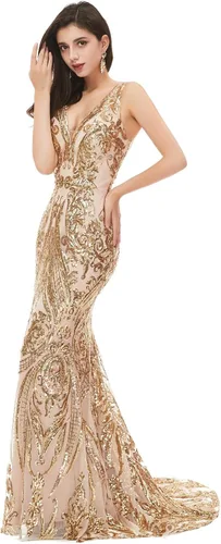 Vista 4 de Leyidress Vestido de fiesta de sirena con cuello en V y lentejuelas para mujer, sin mangas, vestido de noche de trompeta para desfile