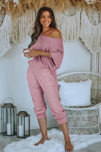 Vista 2 de PRETTYGARDEN Conjunto deportivo acanalado de 2 piezas para mujer, hombros descubiertos, manga larga, pantalones largos con bolsillos