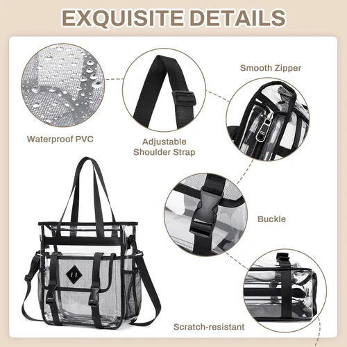 Vista 6 de MUSEVOS Bolsa Tote Transparente Aprobada para Estadios 12x6x12 pulgadas, Bolsa Tote Transparente de PVC Reforzada de Servicio Pesado Resistente al