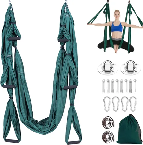 Vista 12 de Juego de hamaca aérea de yoga con 2 correas de extensiones y kit de montaje en techo, equipo para colgar inversión de yoga