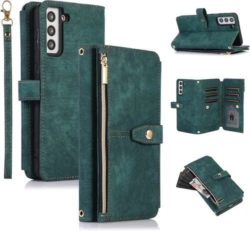 Vista 19 de UEEBAI Funda tipo cartera para Samsung Galaxy S22 5G, Retro 9 ranuras para tarjetero, bolsillo con cremallera, cierre magnético, función atril