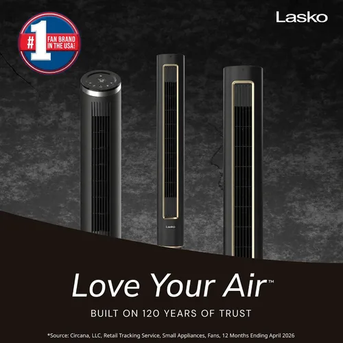 Vista 2 de Ventilador de torre Lasko Pinnacle de 40", para el hogar, flujo de aire de 32 pies/s, silencioso de 24dB, oscilación de 90°, ventilador de pie