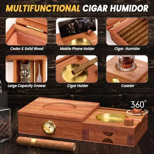 Vista 3 de Juego de humidor y cenicero con forro de madera de cedro, con cortador de puros, higrómetro, humidificador, potenciador de dibujo, bandeja de whisky