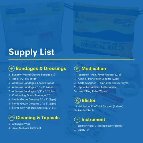Vista 5 de Adventure Medical Kits Kit médico Ultraligero/Resistente al agua .5 - Hasta 2 personas, hasta 2 días - Incluye vendajes, elementos esenciales