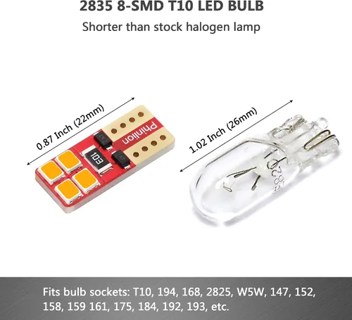 Vista 7 de PHINLION 12V T10 168 194 Bombillas LED amarillas ámbar, súper brillantes, miniatura 2835 8-SMD, cuña 12961 12396 para luces interiores de coche