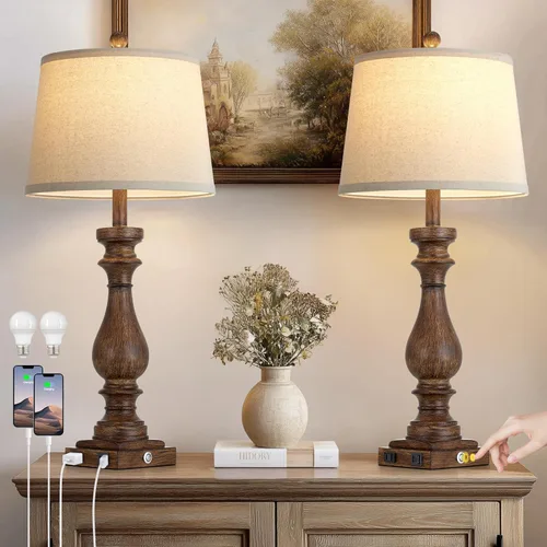 Vista 8 de Rinweey - Lámpara de mesa de granja de 29" para sala de estar, lámpara de mesita de noche vintage con puertos USB C+A y salida de AC, lámpara