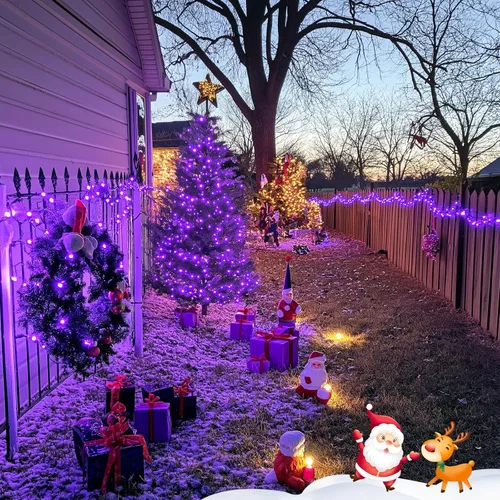 Vista 8 de JMEXSUSS Guirnalda de 250 luces LED de Navidad, 91.5 pies, luces de Navidad moradas impermeables para exteriores, 8 modos de iluminación, luz Púrpura