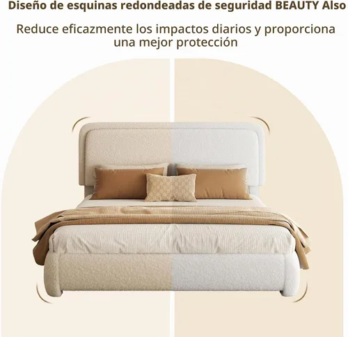 Vista 7 de Base de cama tamaño Queen, marco de cama de terciopelo Teddy Boucle con cabecera tapizada ajustable de 43.3"/45.3", esquinas redondeadas, base