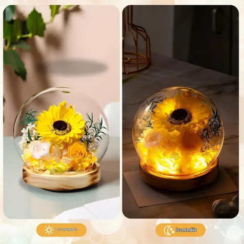 Vista 4 de Domo de Vidrio con Girasoles y Rosas Preservadas y Luces LED, Base de Madera, para el Día de San Valentín, Día de la Madre, Cumpleaños, Navidad