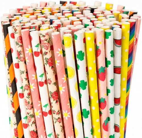 Vista 7 de HAKACC 180 popotes de papel para beber, 9 patrones diferentes, pajitas de fiesta desechables para cumpleaños, bodas, vacaciones, decoraciones