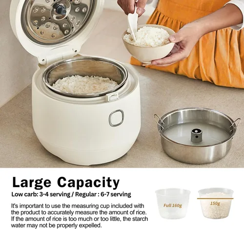 Vista 2 de BANU Arrocera baja en carbohidratos: 4 tazas (arroz blanco), 2 tazas (arroz bajo en carbohidratos), 7 funciones preestablecidas, temporizador de 20