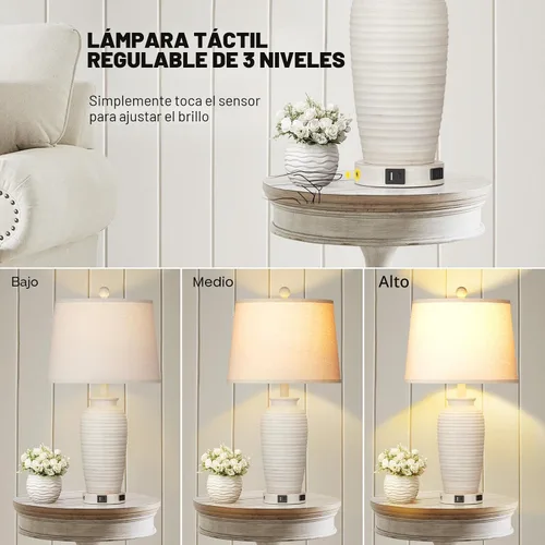 Vista 3 de CINSARY Juego de 2 lámparas de mesa de 24.3" estilo granja, lámparas de mesita de noche rústicas con control táctil de 3 vías con puertos USB A+C