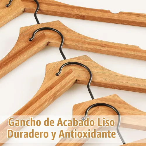 Vista 4 de TOPIA HANGER Perchas de madera de bambú, perchas con gancho negro giratorio y nothces de corte liso, juego de 12 perchas de madera duraderas