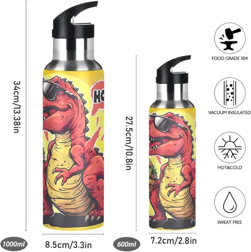 Vista 2 de Stainless Steel Vacuum Insulated Water Bottle 20 Oz, Leakproof Water Bottles for Gym Outdoor Travel School, Red Dinosaur Hamburger Yellow