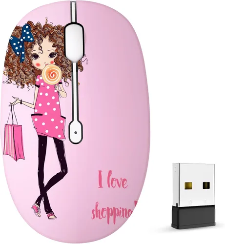 Vista 11 de FMOUSE Bonito mouse inalámbrico, Bluetooth y modo dual de 2.4 GHz con receptor USB, clic silencioso, alimentado por batería AA, para niños, Niña