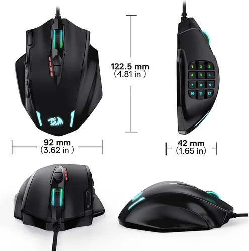 Vista 6 de Redragon M908 Impact RGB LED MMO Mouse con botones laterales ópticos con cable para juegos con 12400 DPI alta precisión 20 botones programables