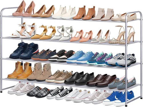 Vista 9 de KIMBORA Zapatero largo de 4 niveles para el piso del armario, estante ancho para zapatos, organizador de almacenamiento de 30 pares apilables, Negro