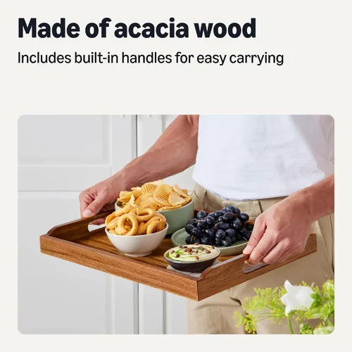 Vista 3 de Amazon Basics Bandeja de madera para servir, bandeja decorativa de madera de acacia de 17 x 12 pulgadas con asas integradas para desayuno