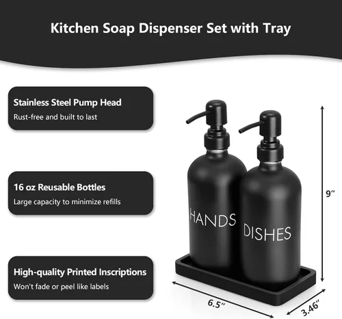 Vista 3 de Juego de dispensador de jabón negro para platos y manos, dispensador de jabón de cocina de vidrio con bandeja y bomba de acero inoxidable