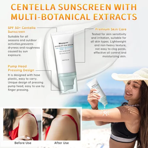 Vista 6 de Centella - Protector solar SPF 50, protector solar Hyalu Cica para cara, resistente al agua, fuerte protección UV, sin yeso blanco, protector solar