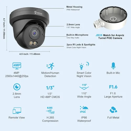 Vista 6 de Anpviz 4MP PoE Cámara Negro, Torreta Seguridad IP Cámara Exterior Alámbrico