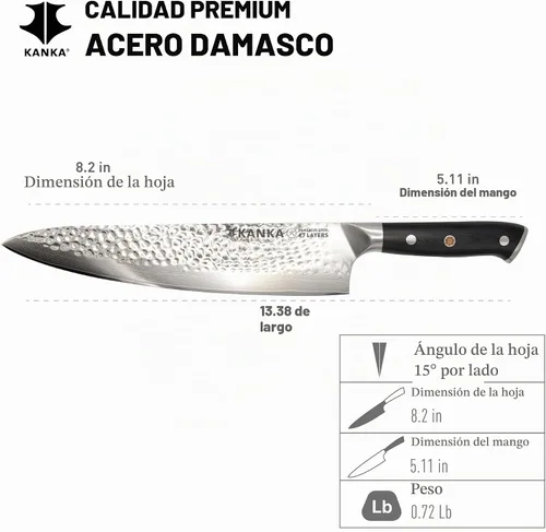 Vista 4 de KANKA Cuchillo de chef de acero Damasco de 8 pulgadas - 67 capas de acero profesional, núcleo de 10Cr, borde afilado 62 HRC, mango ergonómico