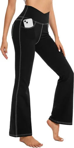 Vista 2 de G4Free Pantalones de yoga con bolsillos para mujer, leggings acampanados de 29, 31, 33 pulgadas, cintura cruzada, capri