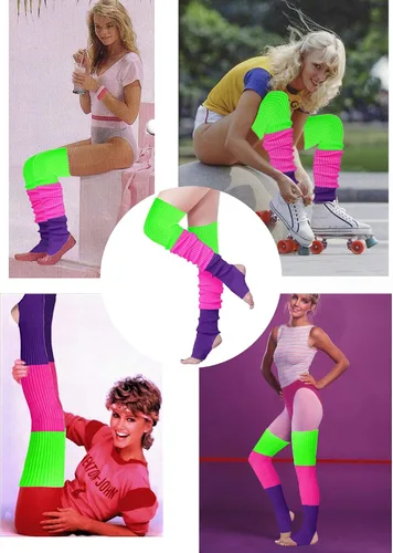 Vista 5 de v28 Calentadores de piernas largos de neón acanalados para mujeres y niñas de los años 80 y 90