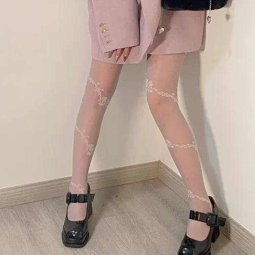 Vista 2 de Medias sexys con estampado floral para mujer, medias de encaje de cintura alta, mallas transparentes para fiesta y club