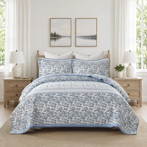 Vista 24 de Juego de edredón 100% algodón tamaño Queen de 3 piezas, edredón floral de damasco con 2 fundas, colcha acolchada floral vintage, ropa de cama ligera