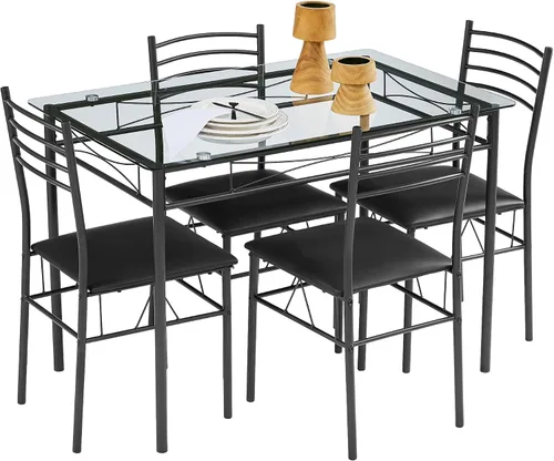 Vista 7 de VECELO Juego de mesa de comedor para 4, mesa de cocina de vidrio de 5 piezas con sillas acolchadas tapizadas para espacios pequeños, rincón