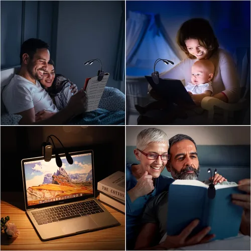Vista 6 de Lámpara recargable con soporte para música, luz de lectura con clip, lámpara de libro de 8 LED, 3 niveles de brillo para protección ocular, perfecta