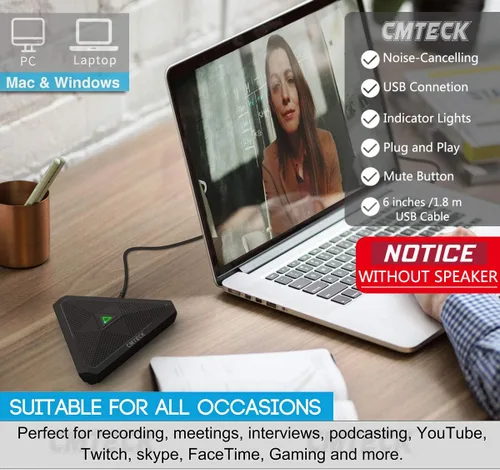 Vista 4 de CMTECK Micrófono USB para Conferencias, Botón de Silencio, Micrófono de Condensador Omnidireccional de Superficie para Grabación, Transmisión