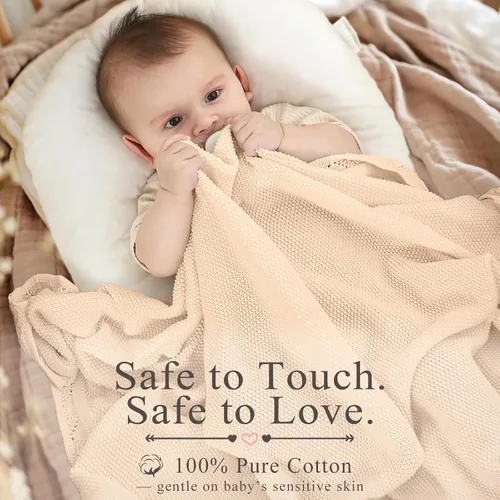 Vista 3 de Manta de punto para bebés para niños y niñas, 100% algodón, manta para cuna y cochecito para recién nacidos, bebés, niños pequeños, crema, 40 x 31