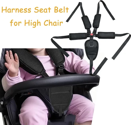 Vista 5 de 5 Point Harness Seat Belt for High Chair,Universal Seatbelt Crotch Cushion Shoulder Pads negro-1 pieza