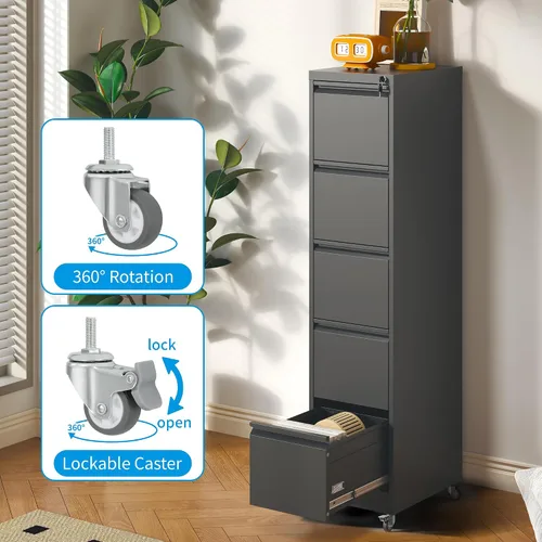Vista 6 de Archivador de 5 cajones con cerradura, archivadores de metal sobre ruedas, cajones verticales de acero para oficina, almacenamiento para colgar