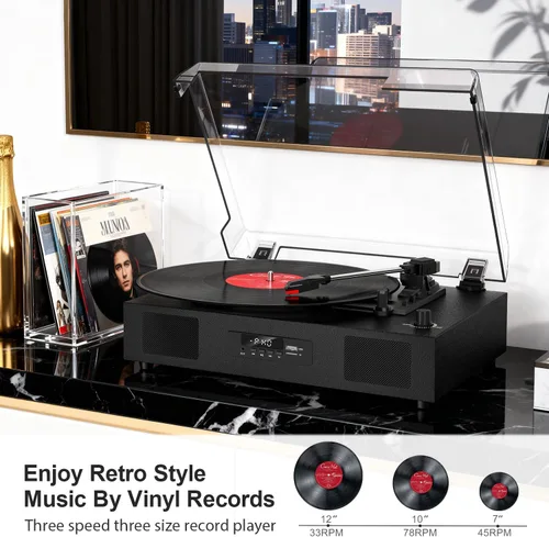 Vista 7 de Tocadiscos de vinilo Bluetooth con dos altavoces incorporados, grabación USB, transmisión por correa, 3 velocidades, tocadiscos para discos