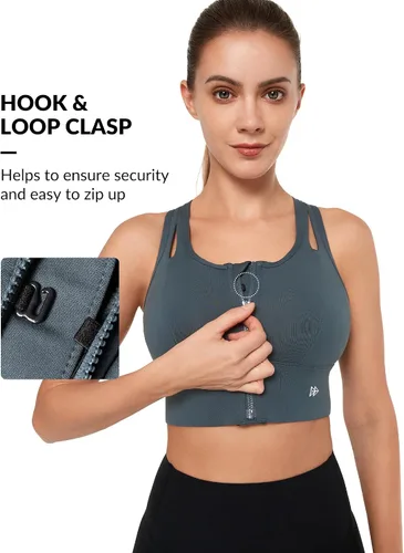 Vista 5 de Yvette Sujetadores deportivos para mujer de alto impacto con cremallera frontal, brasier deportivo de alto soporte, busto grande para entrenamiento