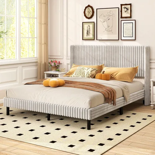 Vista 8 de Giantex Base de cama de terciopelo tamaño Queen, plataforma tapizada con cabecera vertical copetuda, base de colchón de soporte de listones