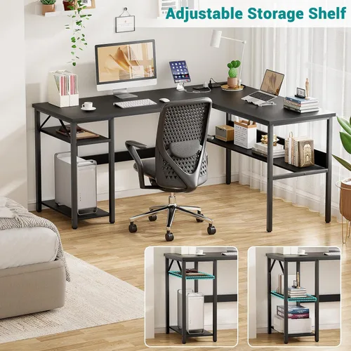 Vista 4 de Escritorio reversible en forma de L para computadora con tomas de corriente y puertos de carga USB, escritorio esquinero resistente con estante