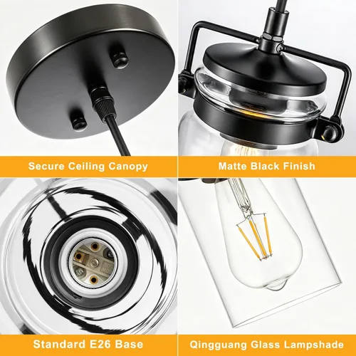 Vista 5 de foucasal Mini luces colgantes de granja de 4.7 pulgadas para isla de cocina 1 vidrio sembrado negro claro