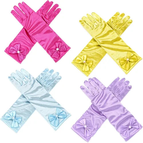 Vista 8 de AUHOKY 4 pares de guantes largos de princesa para niñas pequeñas, con lazos formales, edad 3-8 4
