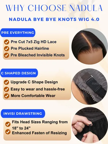 Vista 4 de Nadula Bye Bye Knots Yaki - Peluca de cabello humano lacio sin pegamento con cordón elástico precortado, nudos invisibles de 7 x 5 pulgadas, encaje