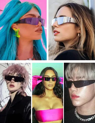 Vista 2 de MASDUN Gafas de sol envolventes futuristas sin montura para mujeres y hombres, Cyberpunk Visera, lentes de sol a la moda
