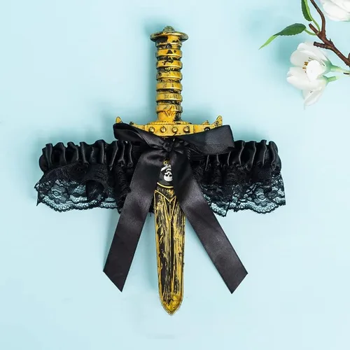 Vista 2 de 2 ligas de lazo con daga pirata, anillo de pierna de lazo de encaje, funda de pierna de espada para Halloween, carnaval, accesorios de vestir