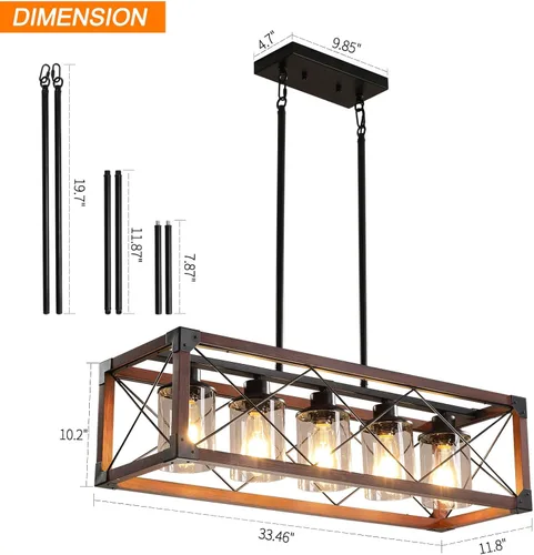 Vista 4 de Lámparas colgantes rústicas de casa de campo, candelabros para comedor y cocina, accesorios de luz de isla de 5 luces, candelabro de madera sobre